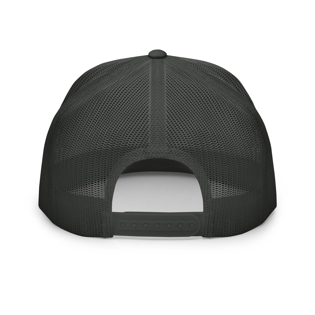 Stylin' Trucker Cap back view — charcoal crown with charcoal mesh back and snapback closure on white background
