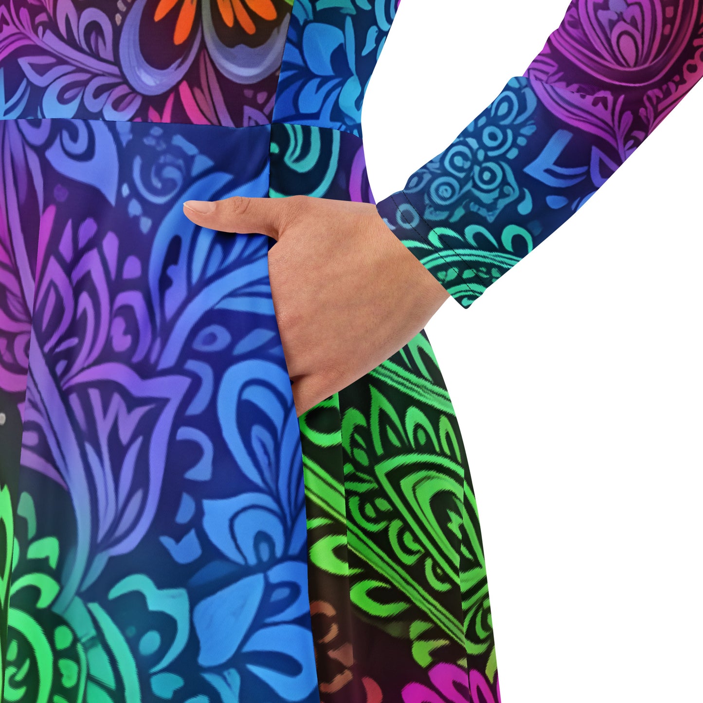 Rainbow Paisley midi dress close-up detail — pocket and long sleeve construction
