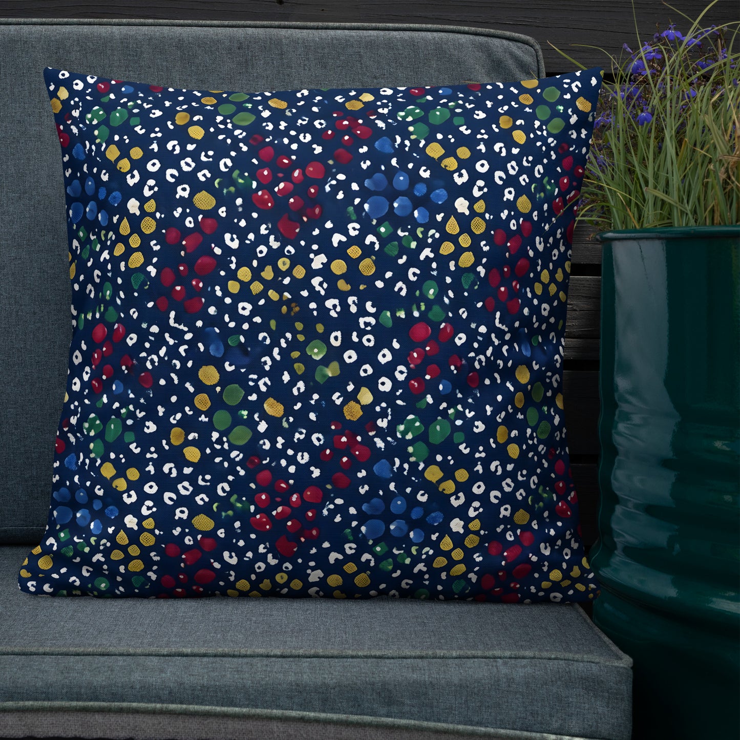 Shibori Dot 22x22 throw pillow lifestyle shot — pillow displayed on sofa in neutral living room setting