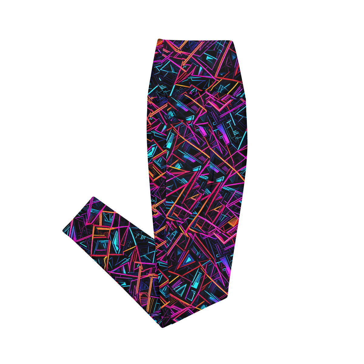 Neon Shatter leggings with pockets product flat lay — folded leggings showing full neon shattered geometric all-over print with high waistband on white background