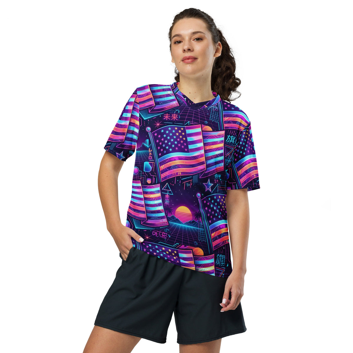 Neon Nation Unisex Sports Jersey front view on model — White female model in black shorts wearing neon synthwave American flag all-over-print jersey with retro sunset grid stars and Japanese kanji on white background