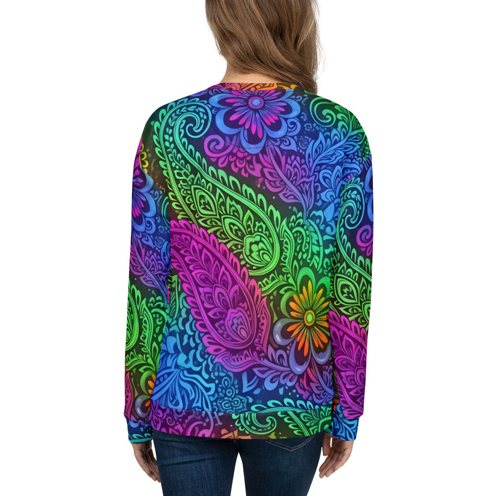 Rainbow Paisley unisex sweatshirt back view — female model on white background