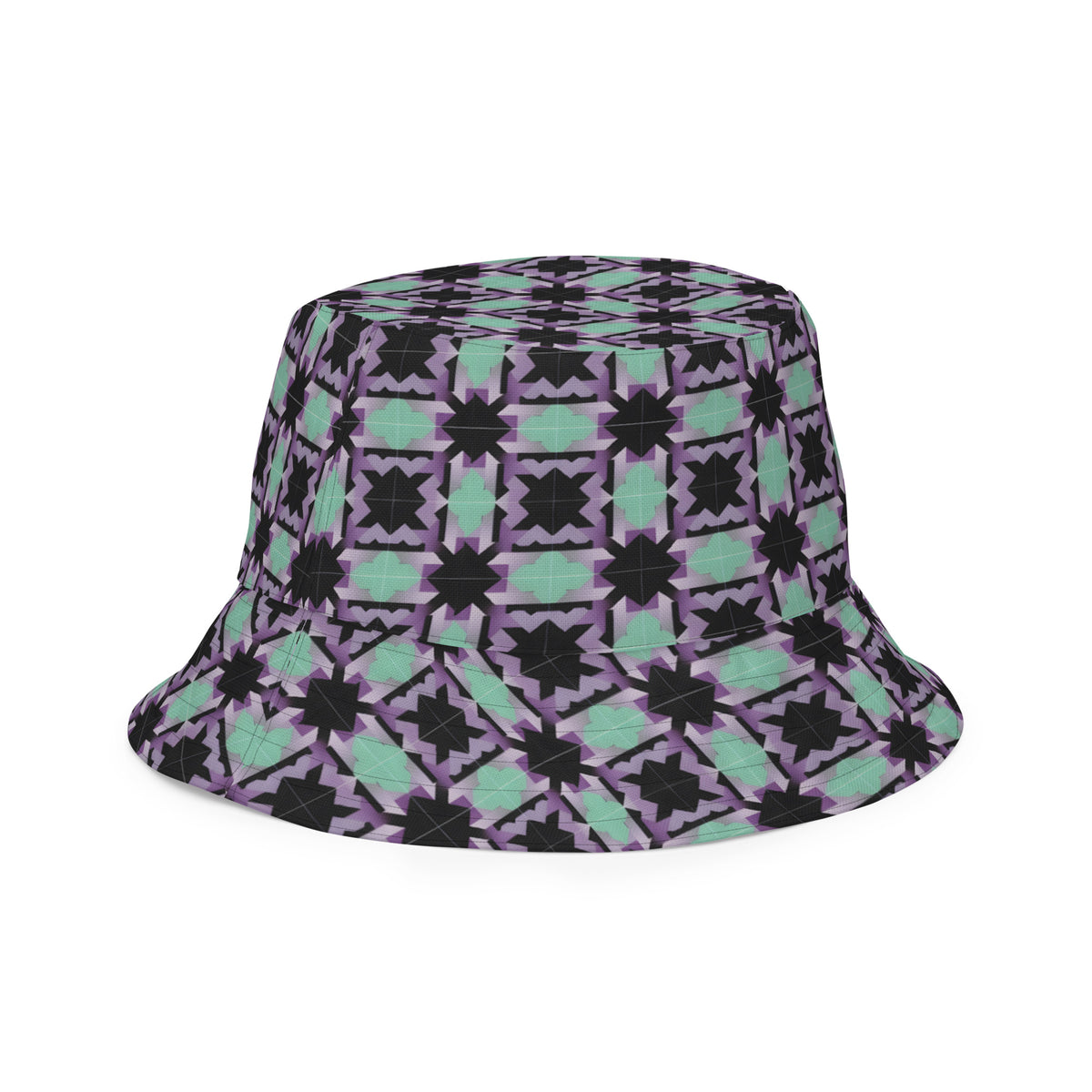 Dual Dimension reversible bucket hat flat lay — mint teal lavender geometric tile print side A back view on white background