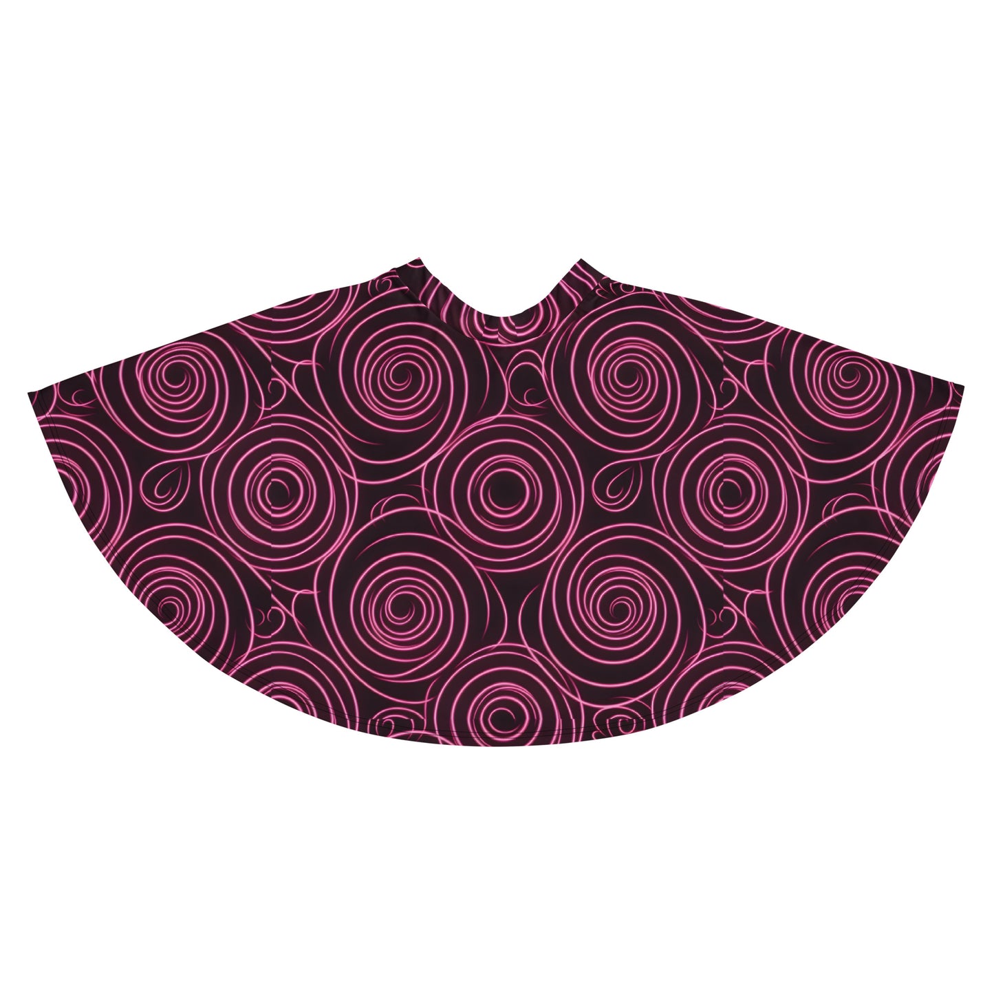 Swirling in Pink skater skirt flat lay — full circle skirt spread showing complete neon pink swirl all-over print pattern on white background