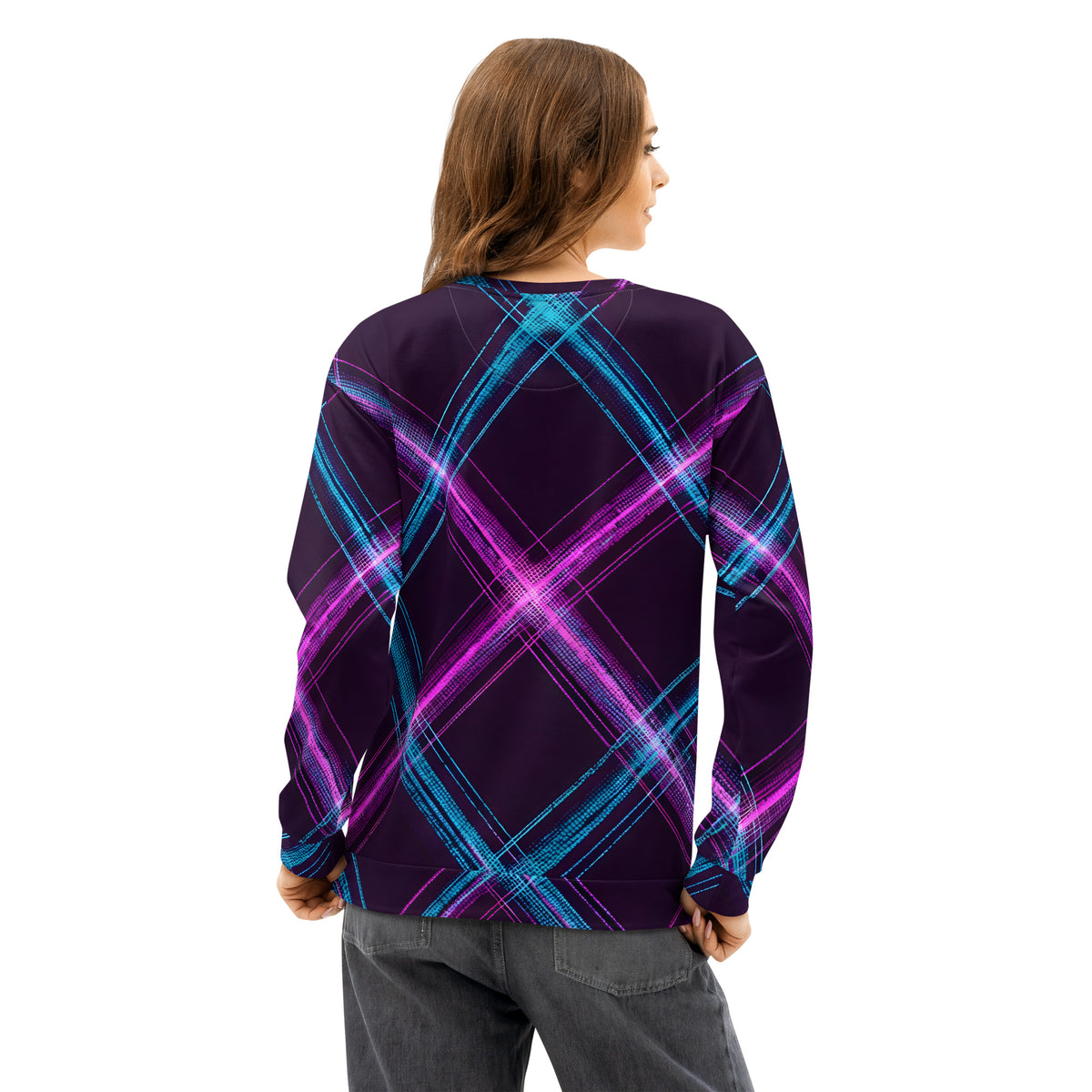 Neon Plaid unisex sweatshirt back view — female model on white background