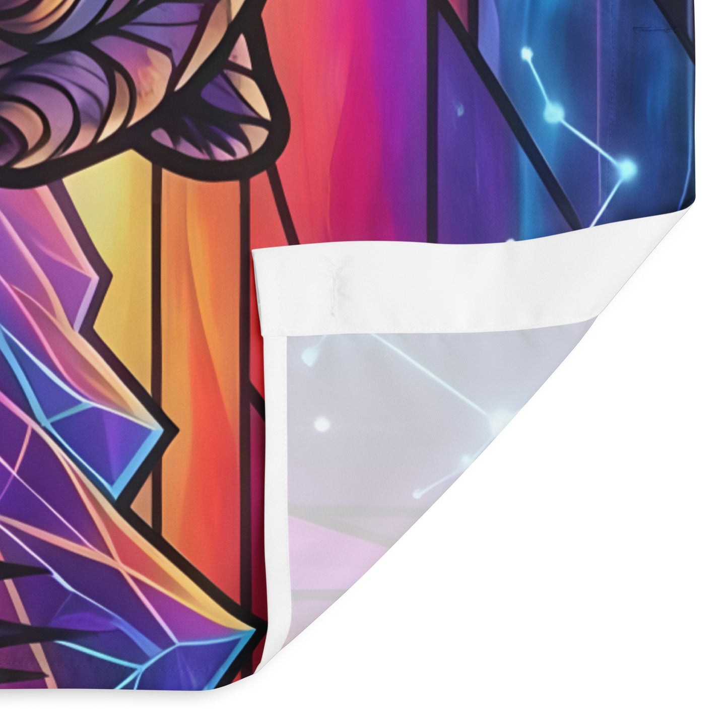 Stained Glass Grizzly Bear Shower Curtain detail shot — close-up lower corner folded back showing neon stained glass grizzly bear mountain and constellation print with white fabric reverse on white background