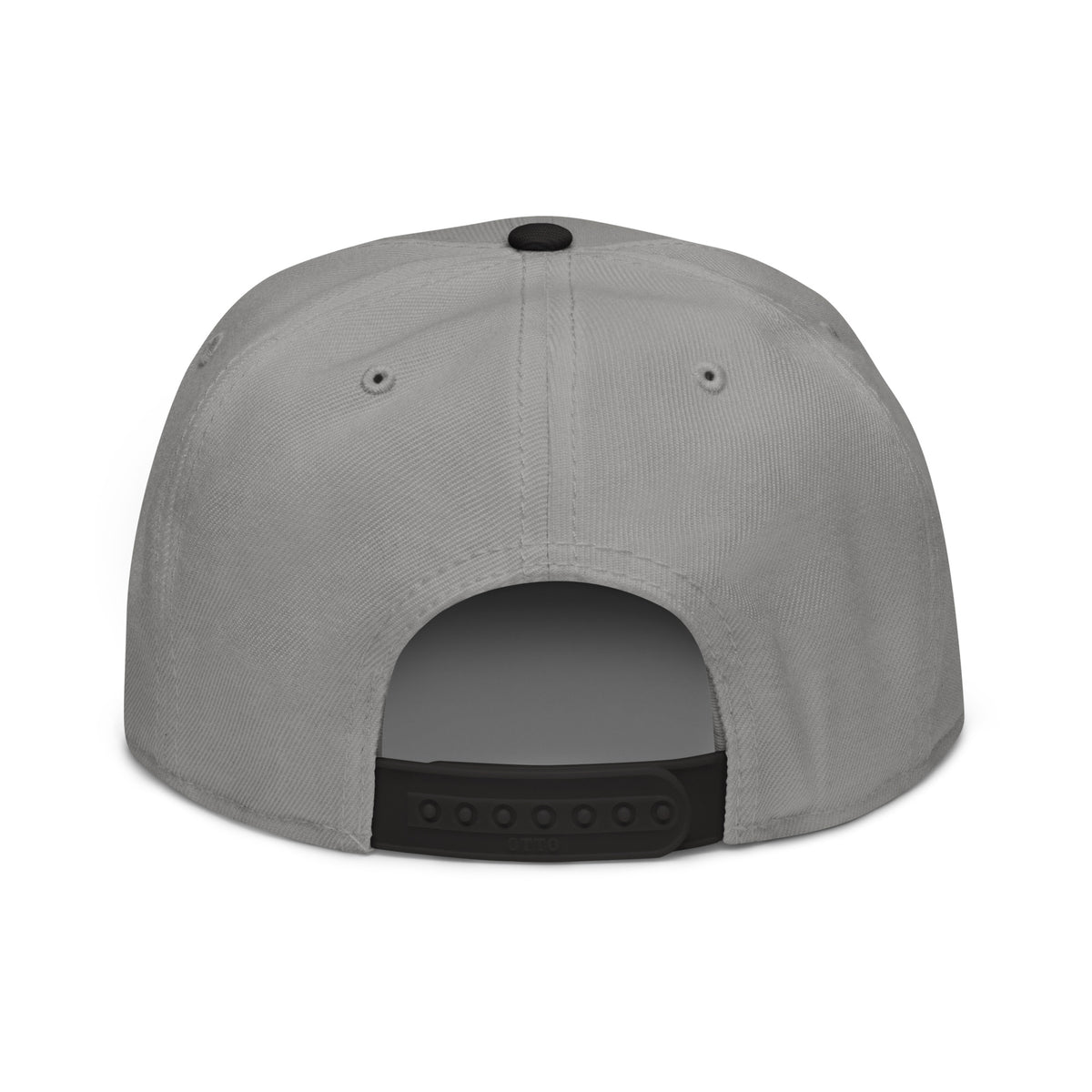 Stylin' Snapback Hat back view — grey crown with black snapback closure and adjustable strap on white background