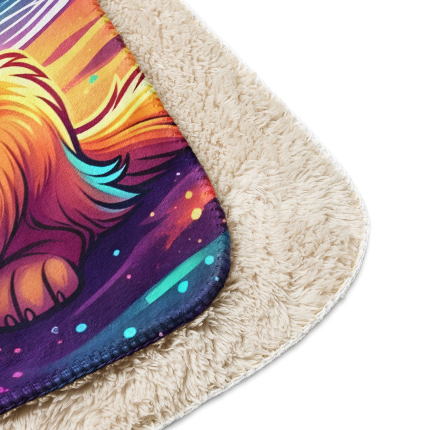 Golden Moonlight Sherpa Blanket detail shot — close-up corner showing golden retriever fur and neon synthwave purple and teal night sky print with plush tan sherpa backing on white background