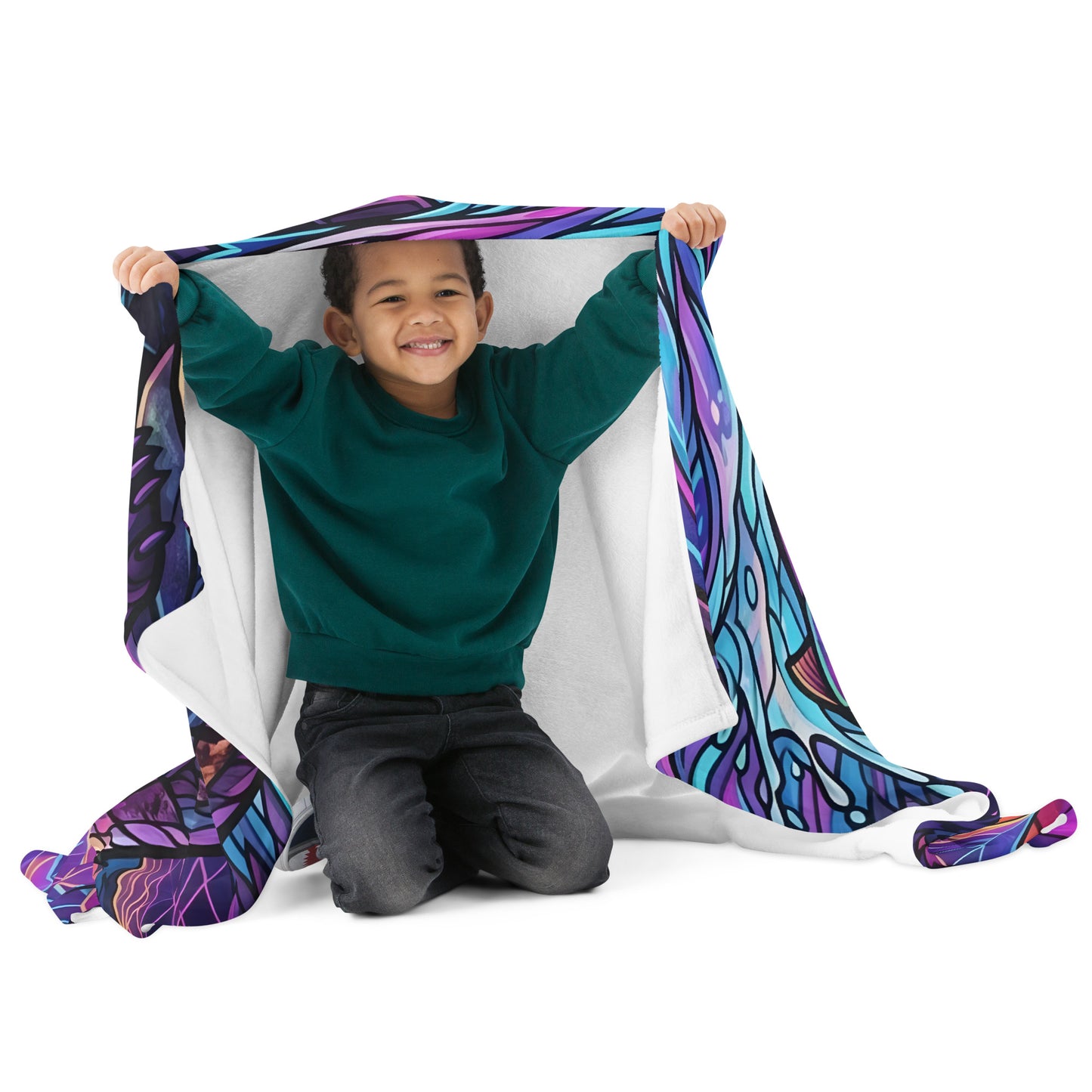 Stained Glass Grizzly Bear Throw Blanket 50x60 lifestyle shot — smiling Black child in green sweatshirt kneeling and holding blanket open overhead showing white fleece reverse and neon teal purple stained glass grizzly bear print on white background