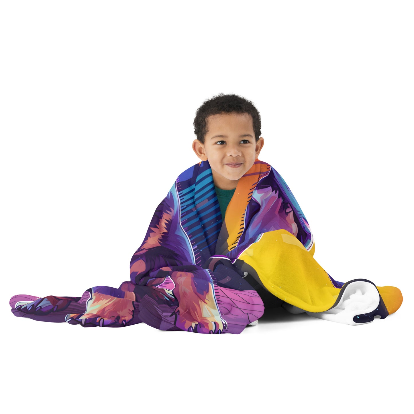 Funky French Bulldog throw blanket lifestyle shot — young Black boy wrapped in blanket showing neon synthwave French bulldog and retro city skyline design seated on white background