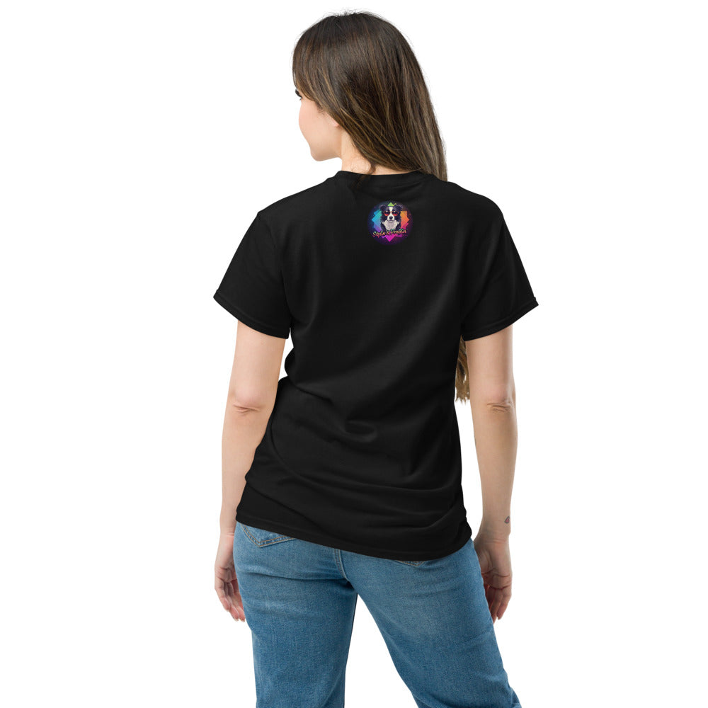 Legendary Neon dragon graphic unisex t-shirt — female model wearing black colorway back view.