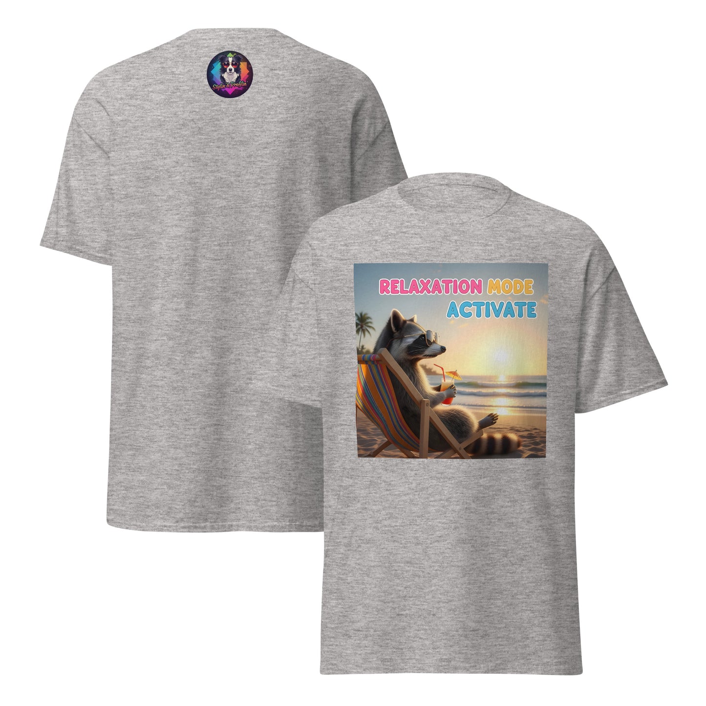 Gray t-shirt with a raccoon in a chair on the beach graphic and 'Relaxation Mode Activate' text.