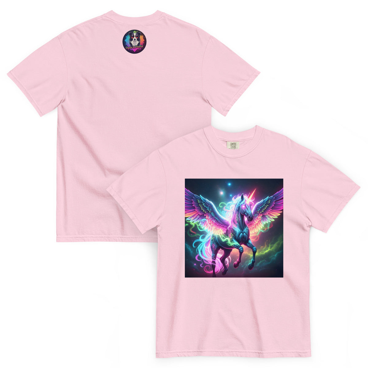 Cosmic Unicorn graphic unisex t-shirt front and back view — blossom colorway