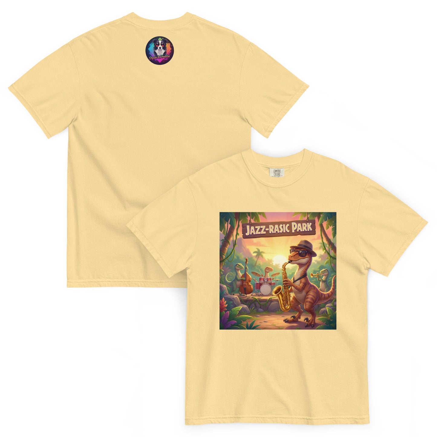 Jazz-rasic Park graphic unisex t-shirt front and back view — butter colorway
