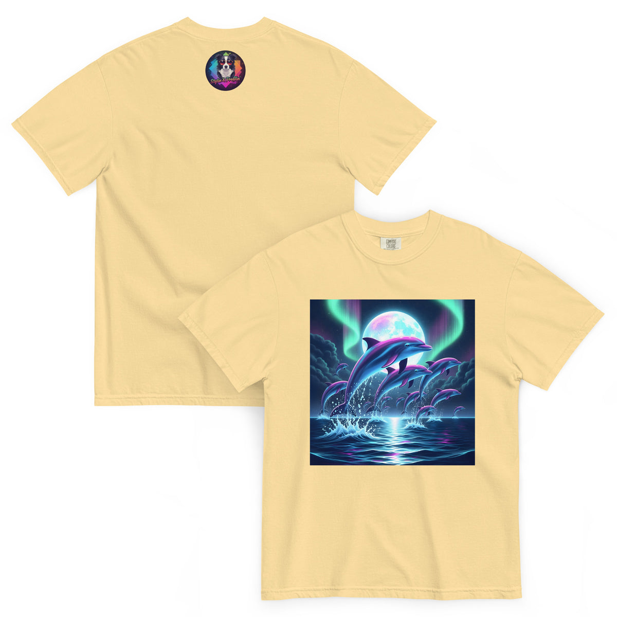 Aurora Dolphin graphic unisex t-shirt front and back view — butter colorway