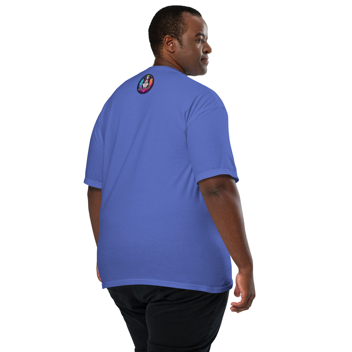 Scout Neon Collie Nights graphic unisex t-shirt — male model wearing flo blue colorway back view.