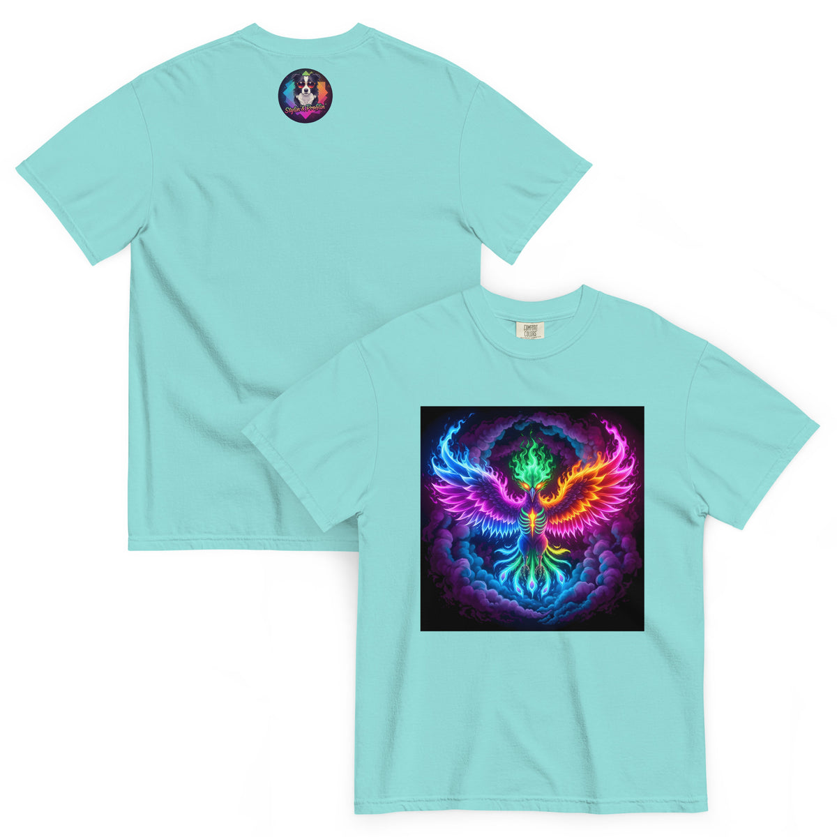 Phoenix Rising graphic unisex t-shirt front and back view — lagoon blue colorway