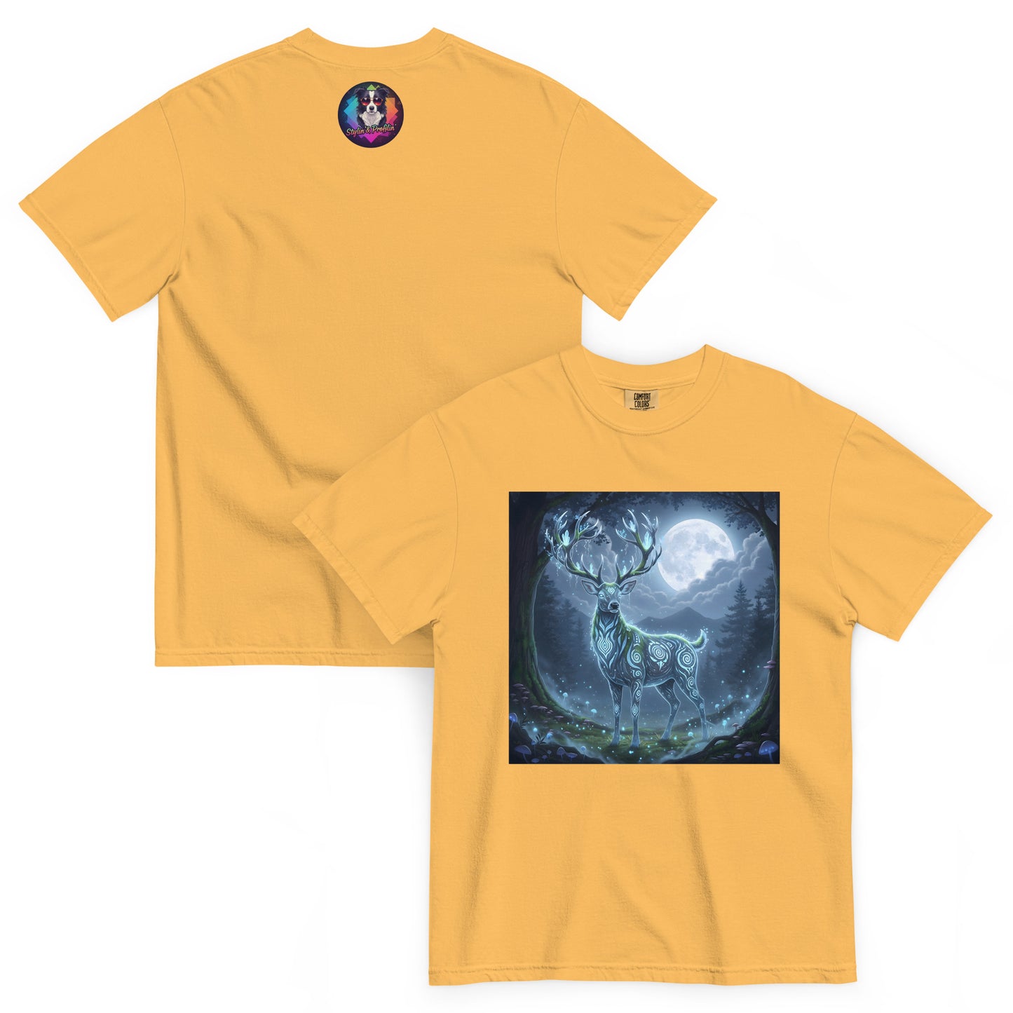 Spirit Guide Deer graphic unisex t-shirt front and back view — mustard colorway