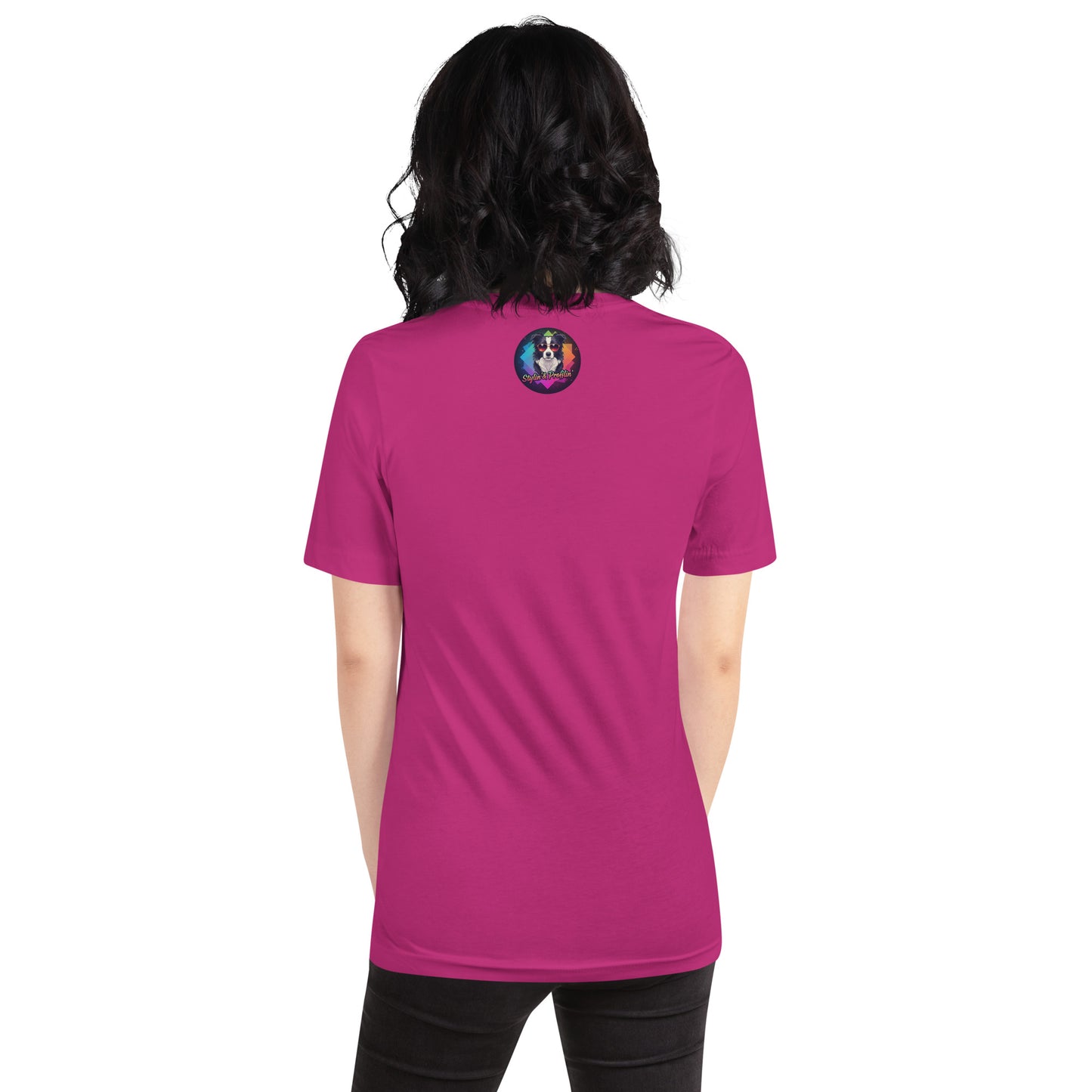 Panda-Monium graphic unisex t-shirt — female model wearing heliconia pink colorway back view.