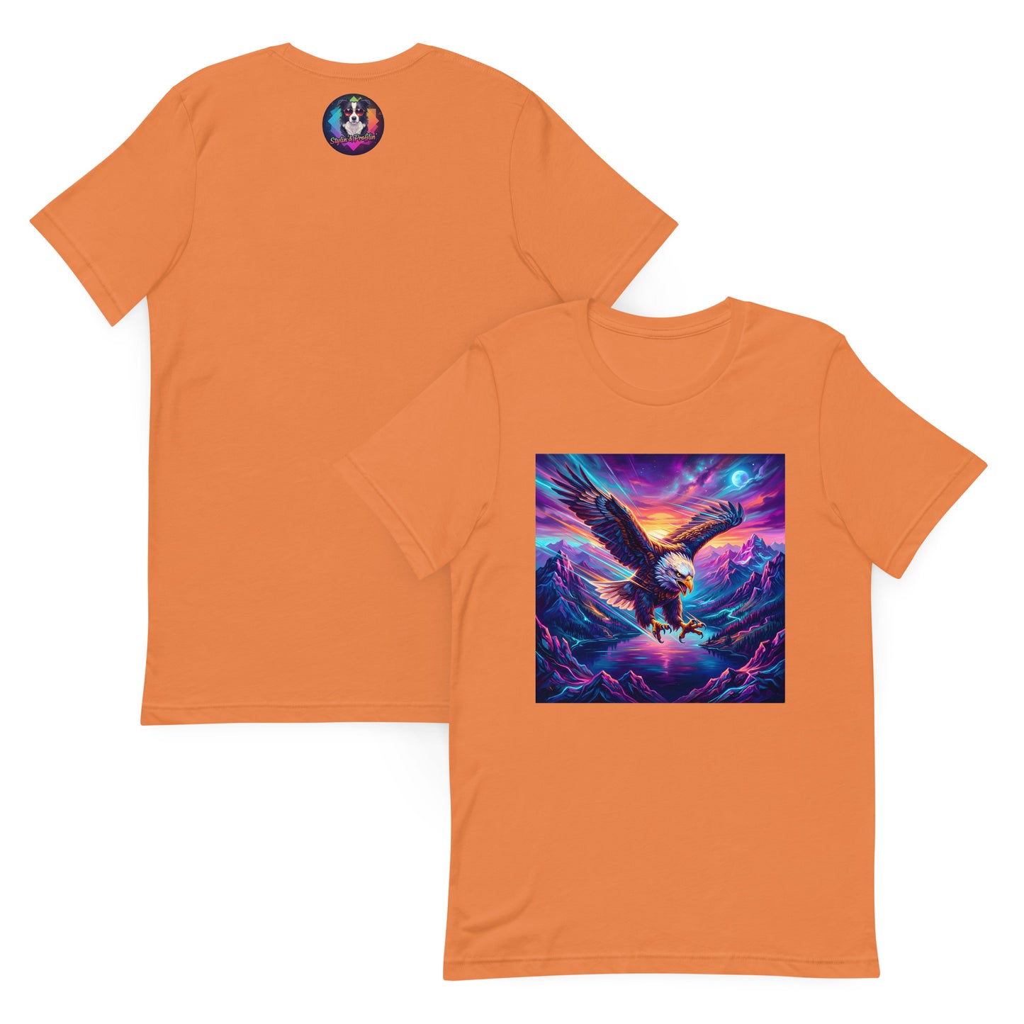Elegant Eagle Unisex T-Shirt front and back flat lay — burnt orange tee showing front with bald eagle diving over neon purple mountain range and back with small Stylin' and Profilin' border collie logo on white background