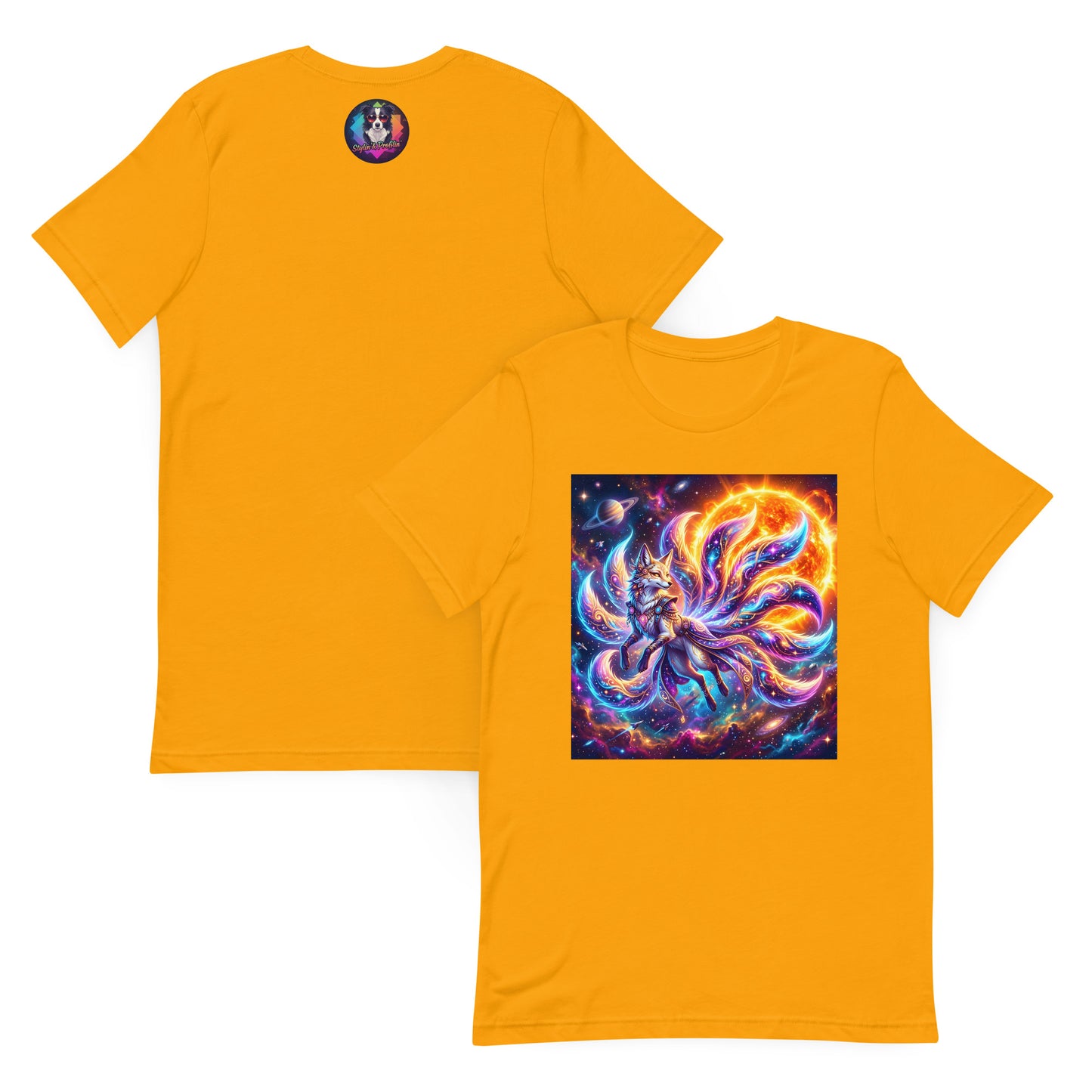 Solar Kitsune Unisex T-Shirt front and back flat lay — gold tee showing front with nine-tailed kitsune fox solar nebula graphic and back with small Stylin' and Profilin' border collie logo on white background