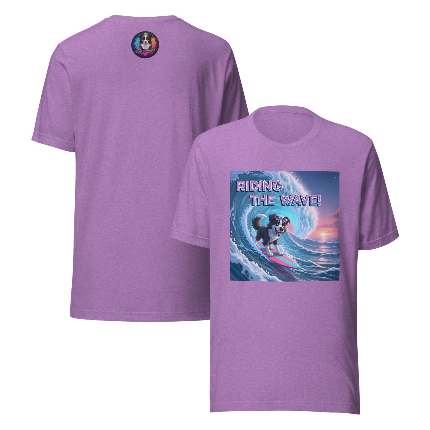 Scout Wave Rider Collie graphic unisex t-shirt front and back view — heather team purple colorway