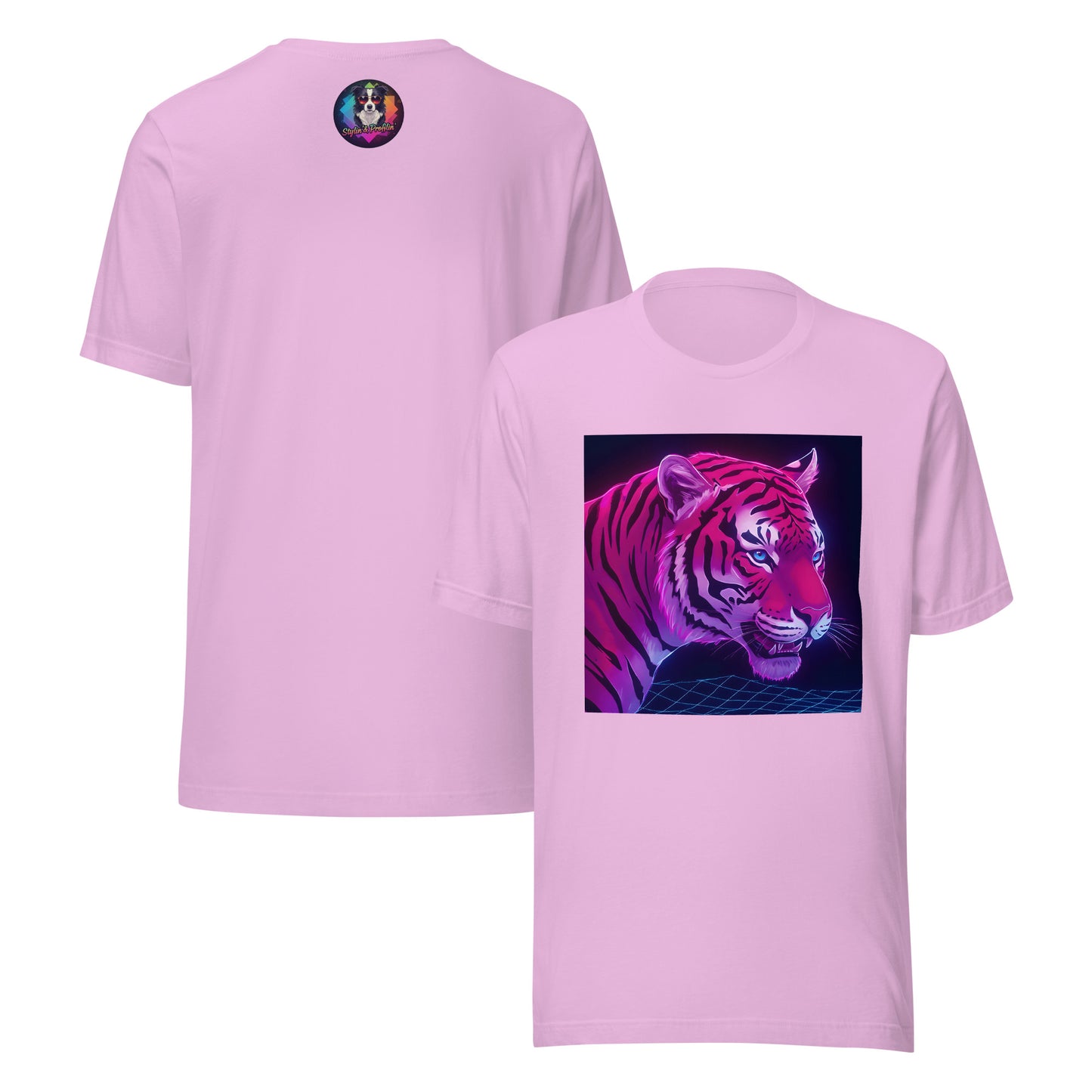 Synthwave Tiger graphic unisex t-shirt front and back view — lilac colorway