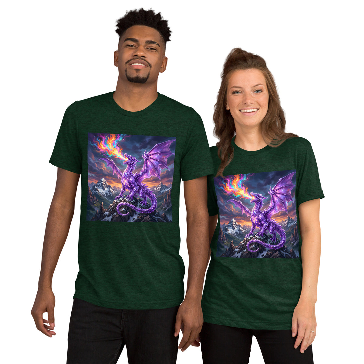 Two models wearing emerald-green Amethyst Ascendant Dragon Tees featuring a purple dragon breathing rainbow fire above a mountain landscape.