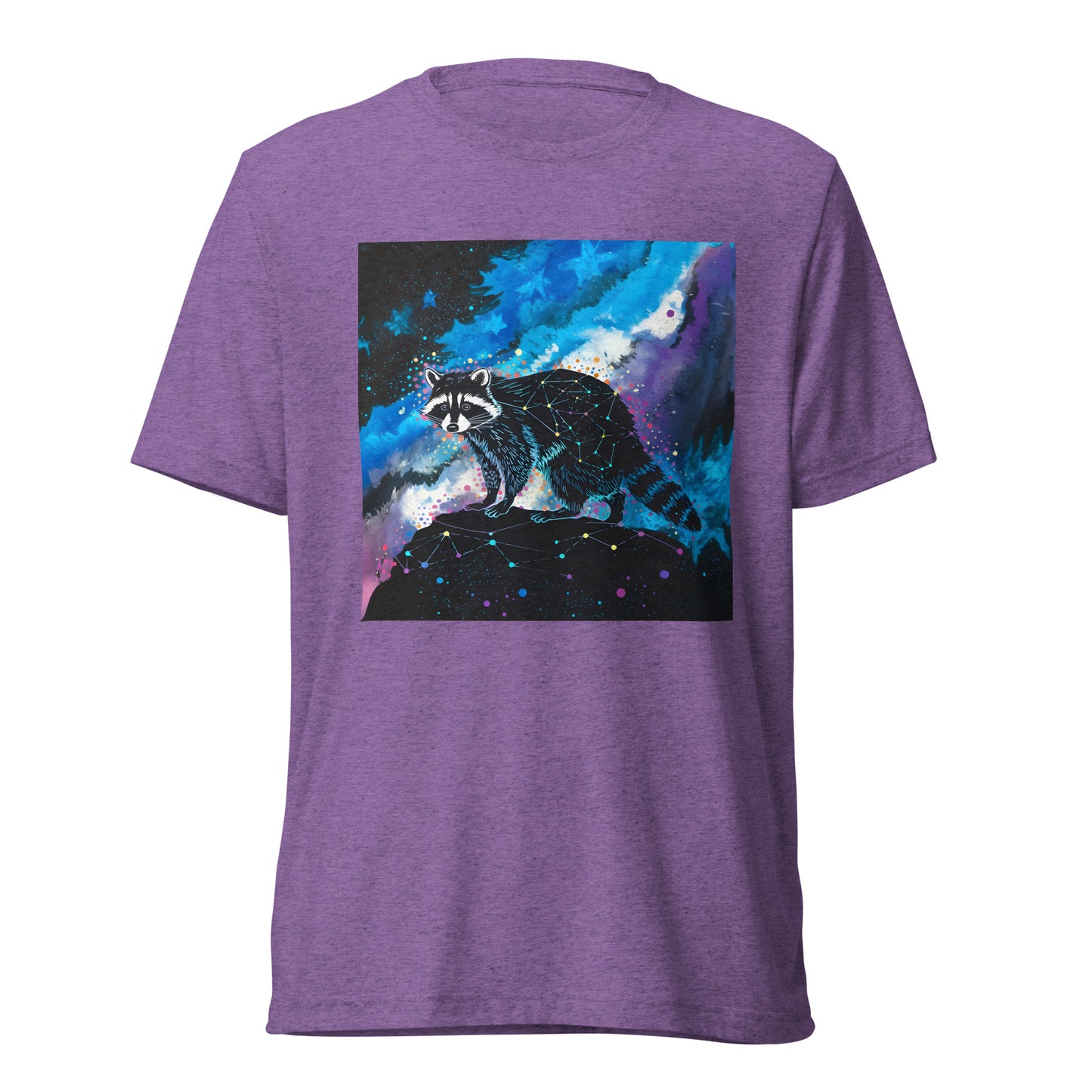Cosmic Bandit Unisex T-Shirt product shot — purple triblend tee back view on ghost mannequin showing geometric constellation raccoon perched on dark rock against swirling blue purple and teal cosmic nebula with neon star splatter on white background
