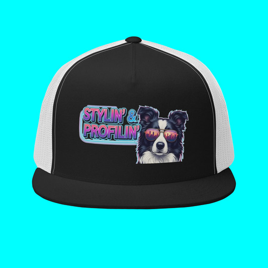 Stylin' Trucker Cap product shot — Scout border collie with neon Stylin' & Profilin' logo patch on black crown with white mesh back flat brim on neon cyan background