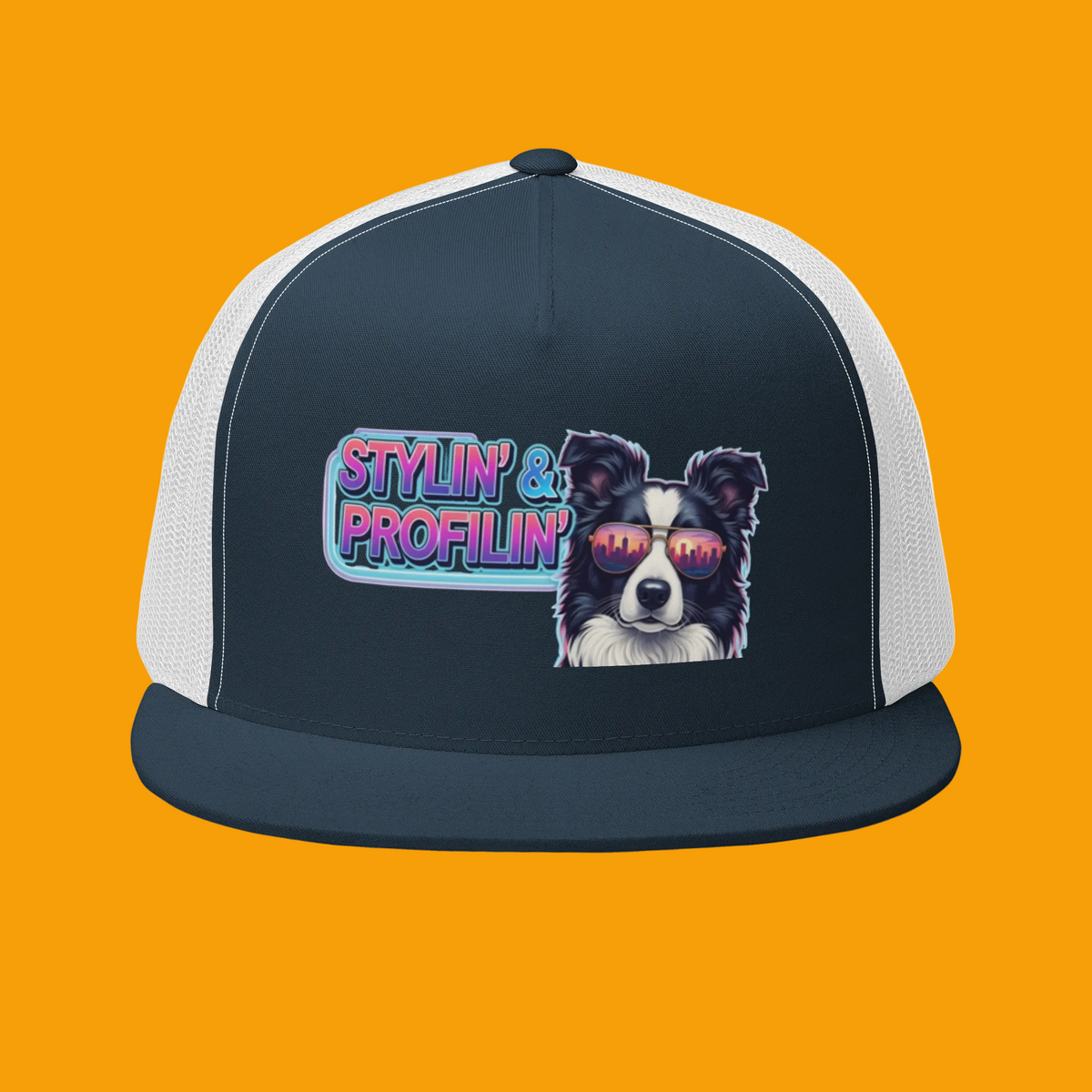 Stylin' Trucker Cap front view — Scout border collie with neon Stylin' & Profilin' logo patch on navy crown with white mesh back on gold background