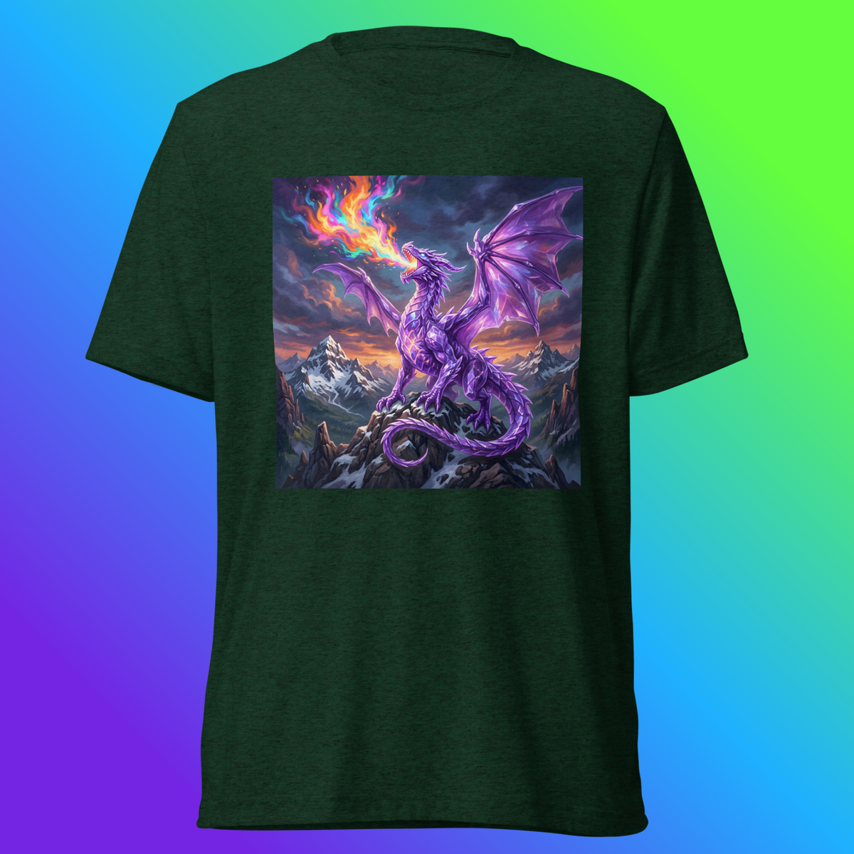 Emerald-green Amethyst Ascendant Dragon Tee with a purple dragon spreading its wings and breathing rainbow fire among snow-capped mountains.