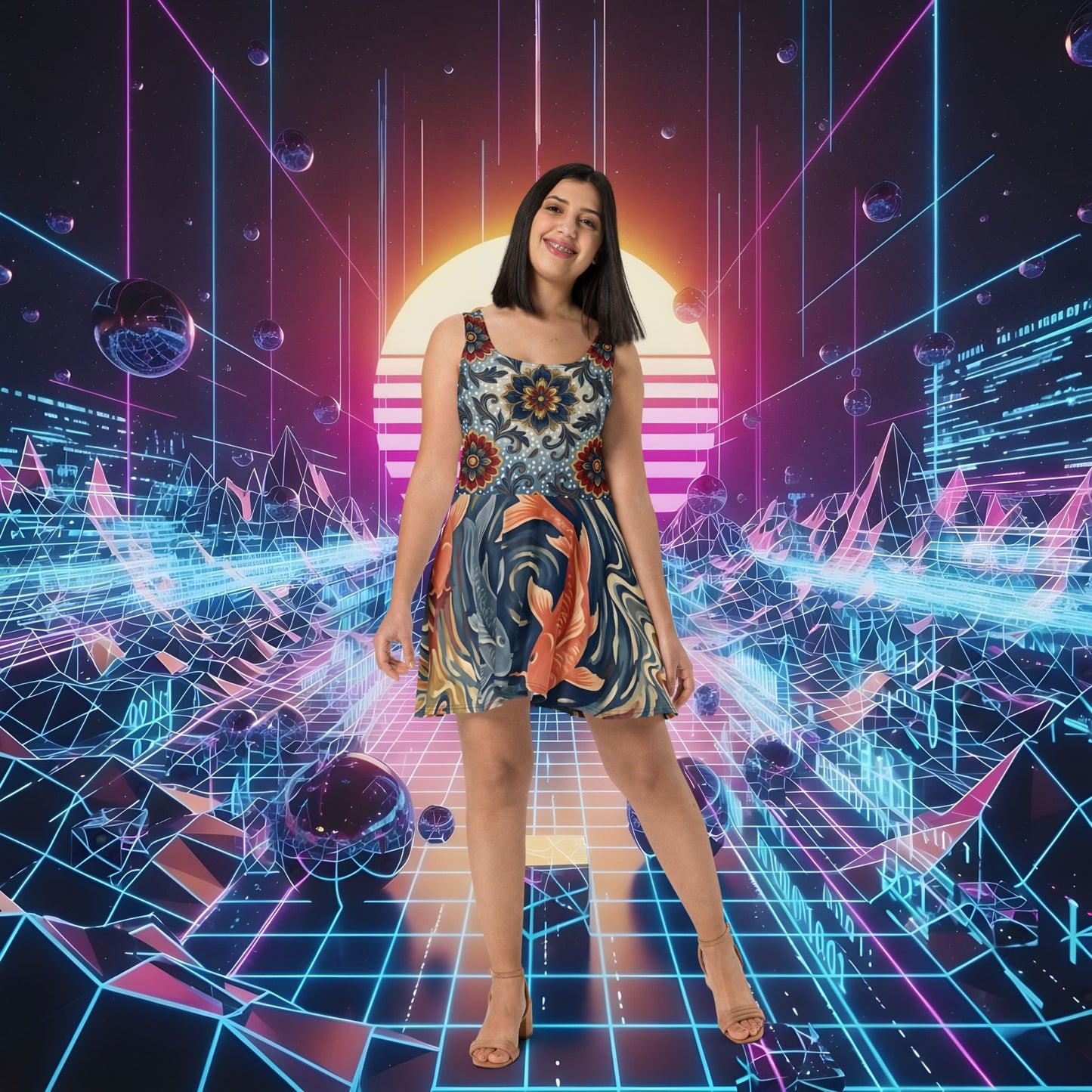 Ascending Koi Batik Skater Dress hero shot — female model wearing koi fish batik print dress in neon synthwave grid setting.