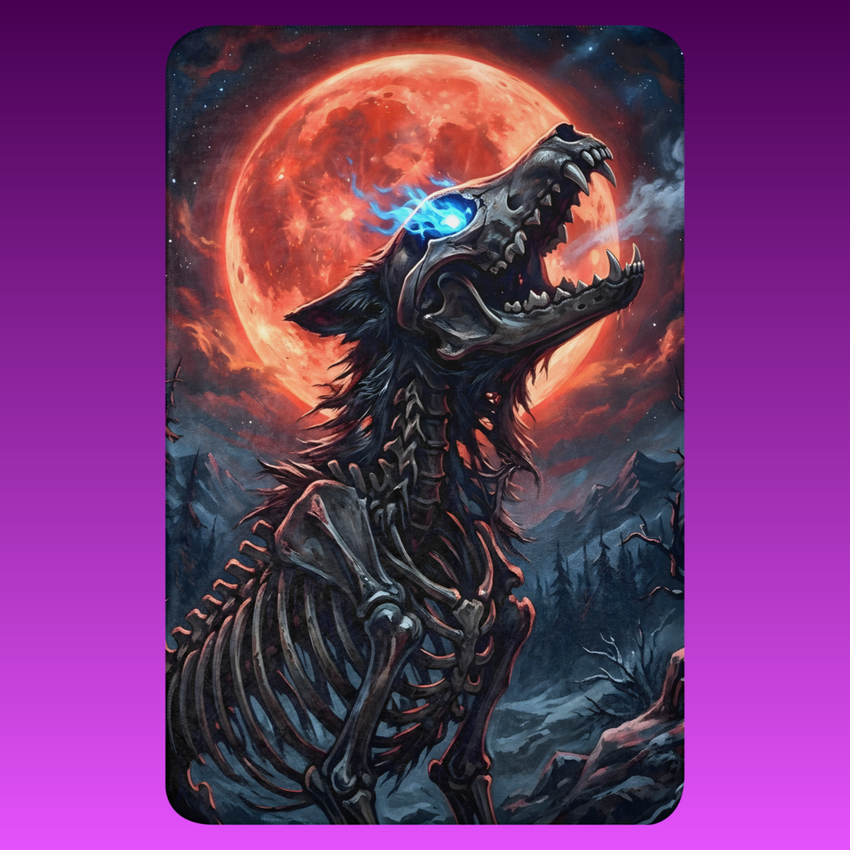 A 37X57 Blood Moon Bonewolf blanket showing a skeletal wolf howling beneath a red moon in a dark mountain forest, against a purple background.