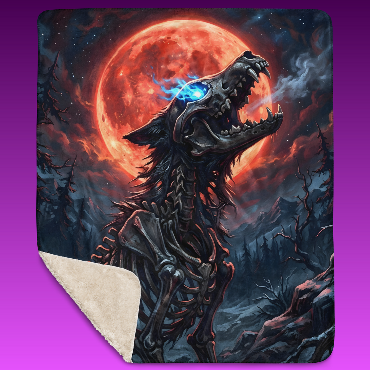 A 50X60 Blood Moon Bonewolf sherpa blanket featuring a skeletal wolf with a glowing blue eye beneath a red moon, with one corner folded to reveal cream sherpa backing.