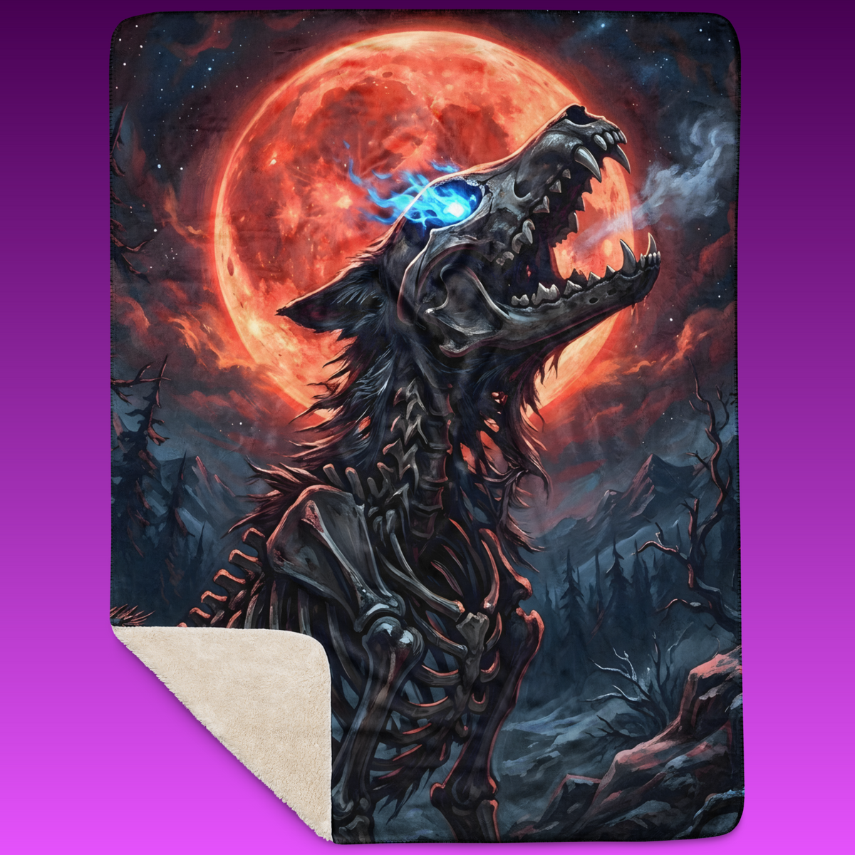 A 60X80 Blood Moon Bonewolf sherpa blanket with a skeletal wolf and red moon design, shown against a purple background with cream backing visible at a folded corner.