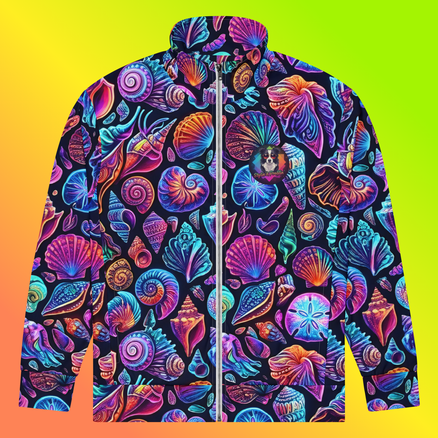 Chromashell Unisex Track Jacket front view showing a dense all-over print of neon seashells including scallops, nautilus, conch, logo, and sand dollars in electric purple, pink, teal, and orange on a black background