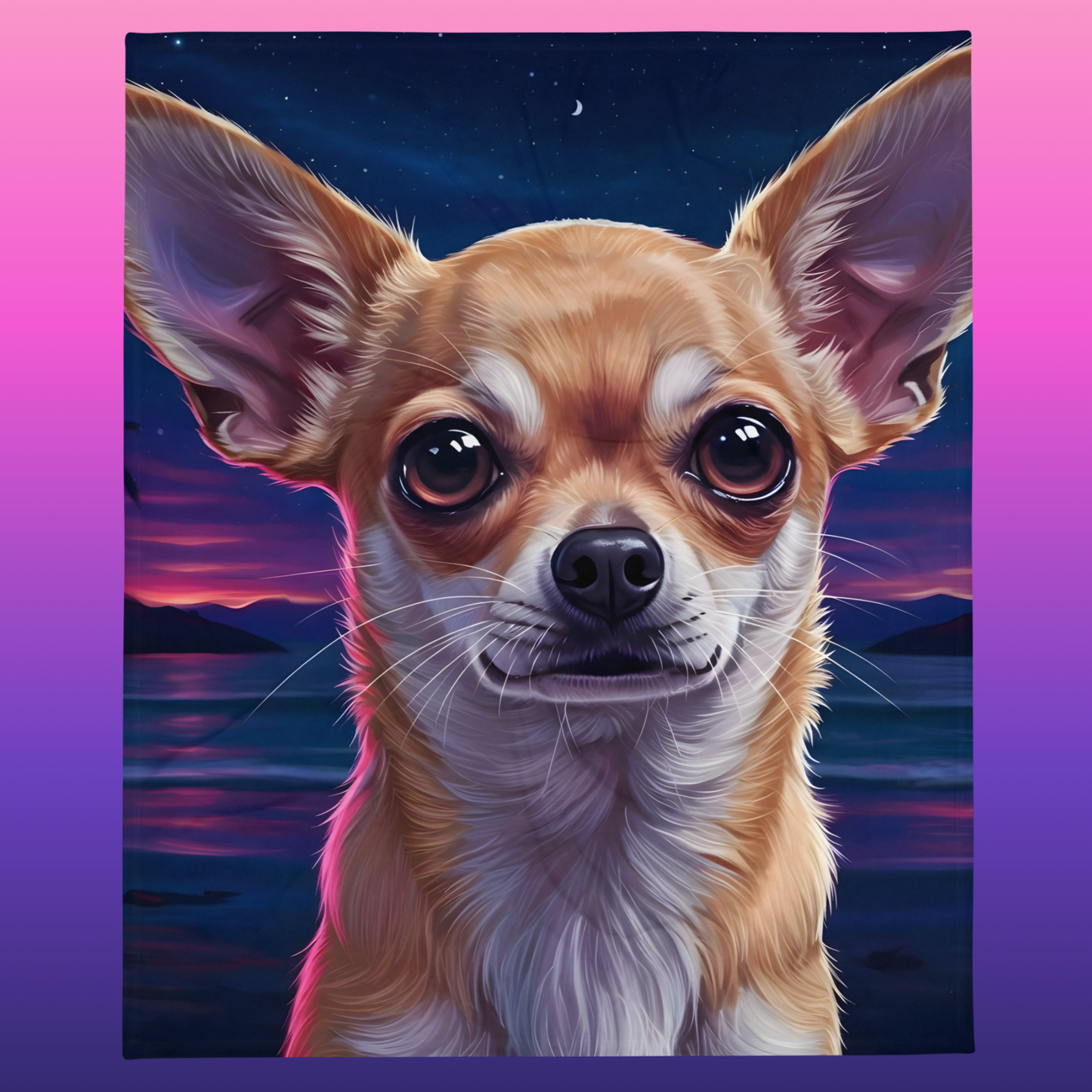 Coastal Chihuahua throw blanket 50x60 product shot — close-up painterly chihuahua face with big eyes and whiskers against deep navy coastal sunset with pink and purple sky reflections on water with white sherpa backing on gradient background