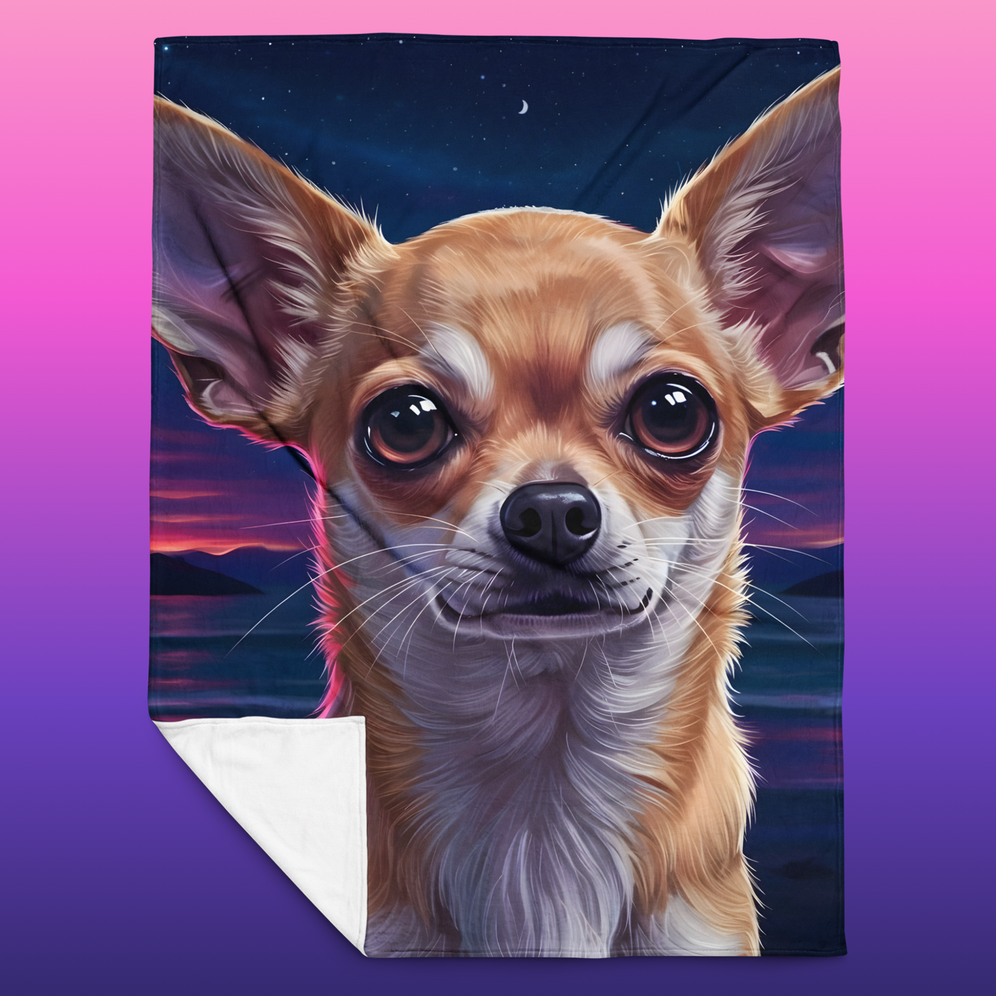 Coastal Chihuahua throw blanket 60x80 product shot — close-up painterly chihuahua face with big eyes and whiskers against deep navy coastal sunset with pink and purple sky reflections on water with white sherpa backing on gradient background