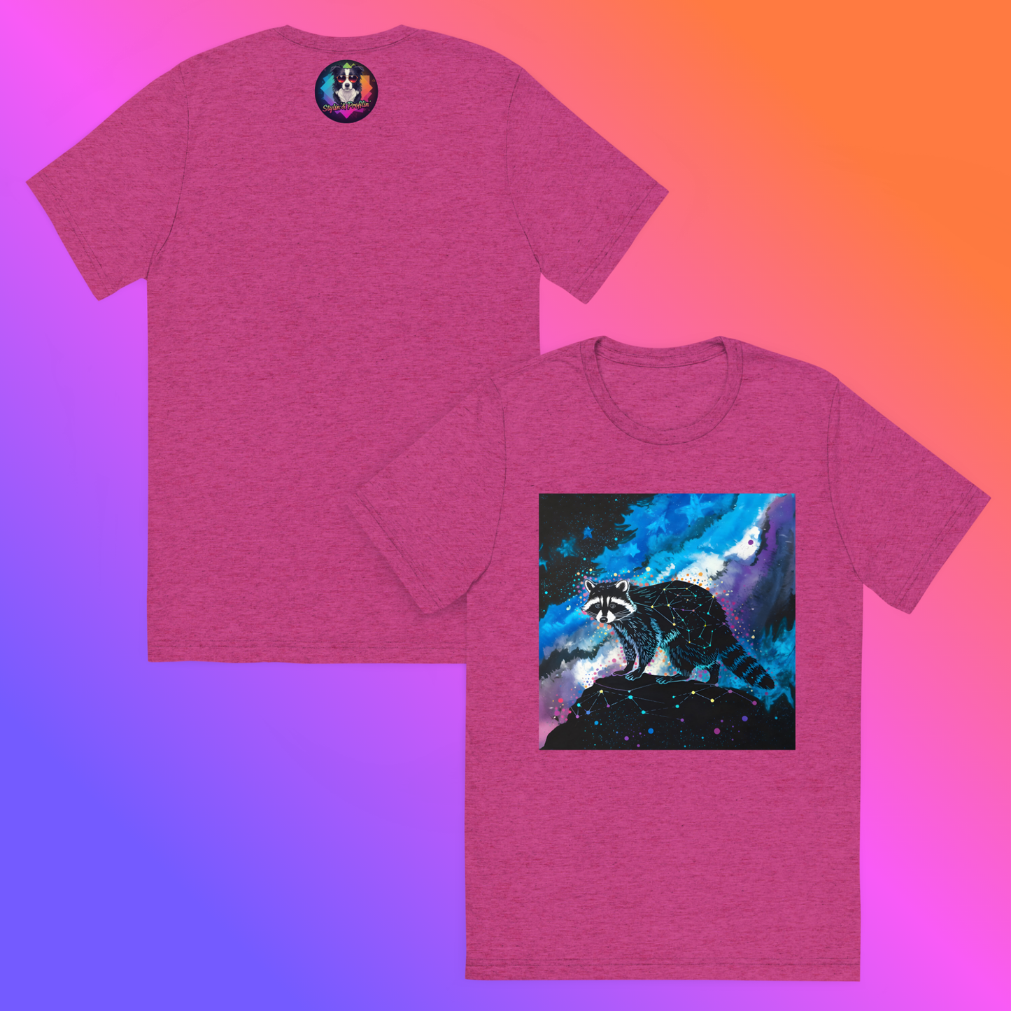 Cosmic Bandit Unisex T-Shirt hero product shot — side-by-side front and back berry triblend tee showing Stylin' & Profilin' logo badge on back and front graphic of geometric constellation raccoon perched on dark rock against swirling blue purple and teal cosmic nebula with neon star splatter against purple to orange gradient background