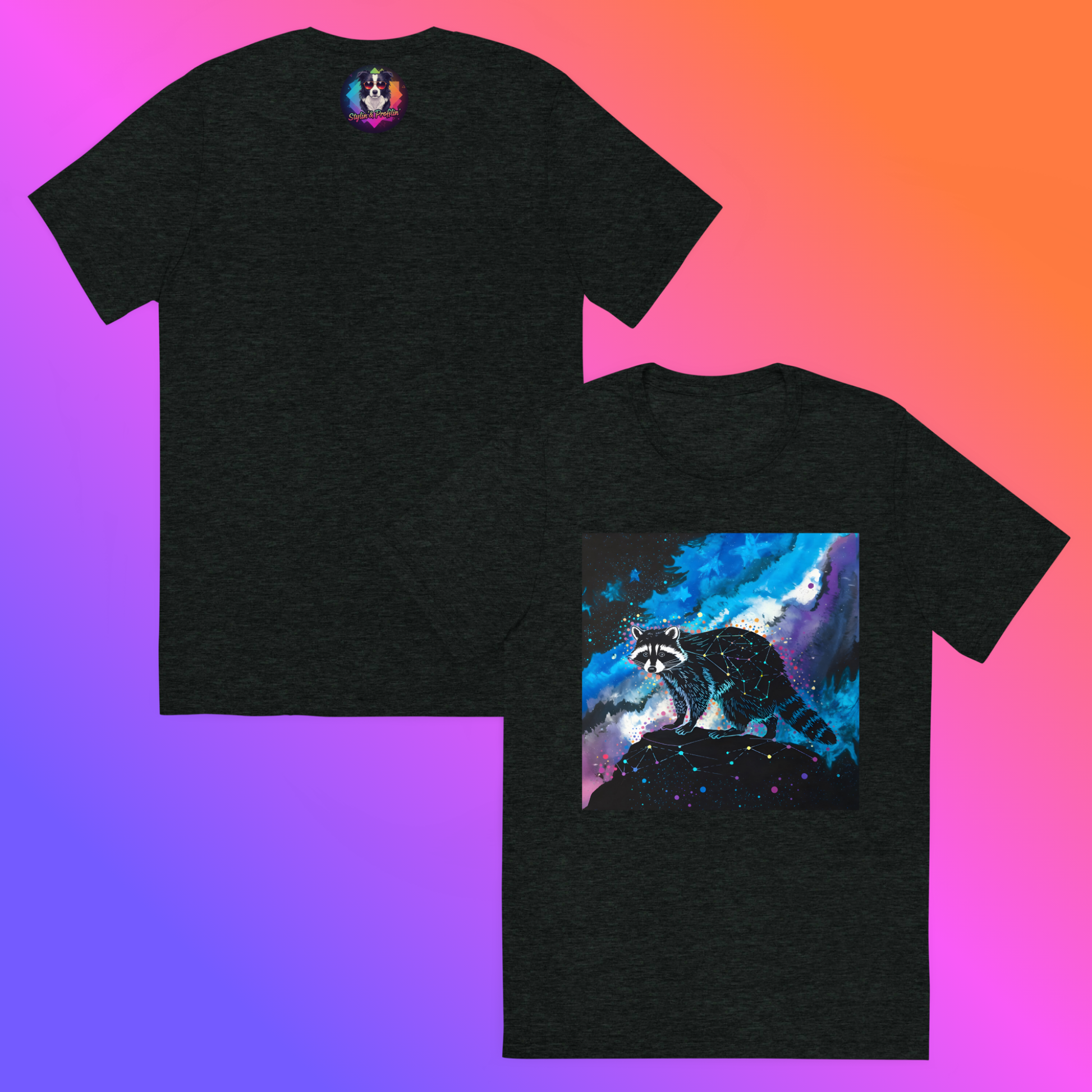 Cosmic Bandit Unisex T-Shirt hero product shot — side-by-side front and back charcoal black triblend tee showing Stylin' & Profilin' logo badge on back and front graphic of geometric constellation raccoon perched on dark rock against swirling blue purple and teal cosmic nebula with neon star splatter against purple to orange gradient background
