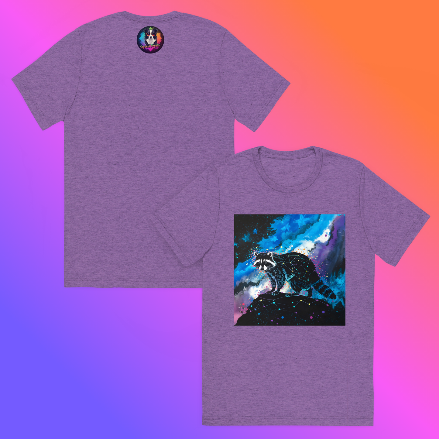 Cosmic Bandit Unisex T-Shirt hero product shot — side-by-side front and back purple triblend tee showing Stylin' & Profilin' logo badge on back and front graphic of geometric constellation raccoon perched on dark rock against swirling blue purple and teal cosmic nebula with neon star splatter against purple to orange gradient background