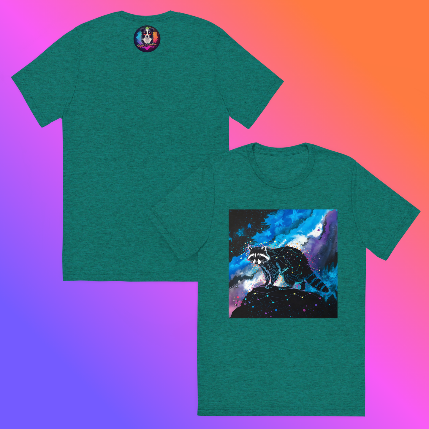 Cosmic Bandit Unisex T-Shirt hero product shot — side-by-side front and back teal triblend tee showing Stylin' & Profilin' logo badge on back and front graphic of geometric constellation raccoon perched on dark rock against swirling blue purple and teal cosmic nebula with neon star splatter against purple to orange gradient background