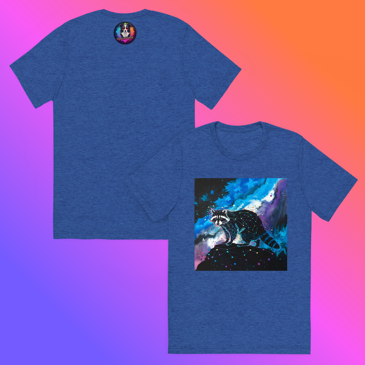 Cosmic Bandit Unisex T-Shirt hero product shot — side-by-side front and back true royal triblend tee showing Stylin' & Profilin' logo badge on back and front graphic of geometric constellation raccoon perched on dark rock against swirling blue purple and teal cosmic nebula with neon star splatter against purple to orange gradient background