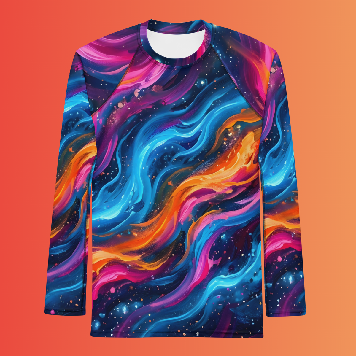 Cosmic Surge Men's Rash Guard front view showing swirling neon galaxy waves in electric blue, pink, orange, and purple covering the entire long-sleeve garment against an orange gradient background