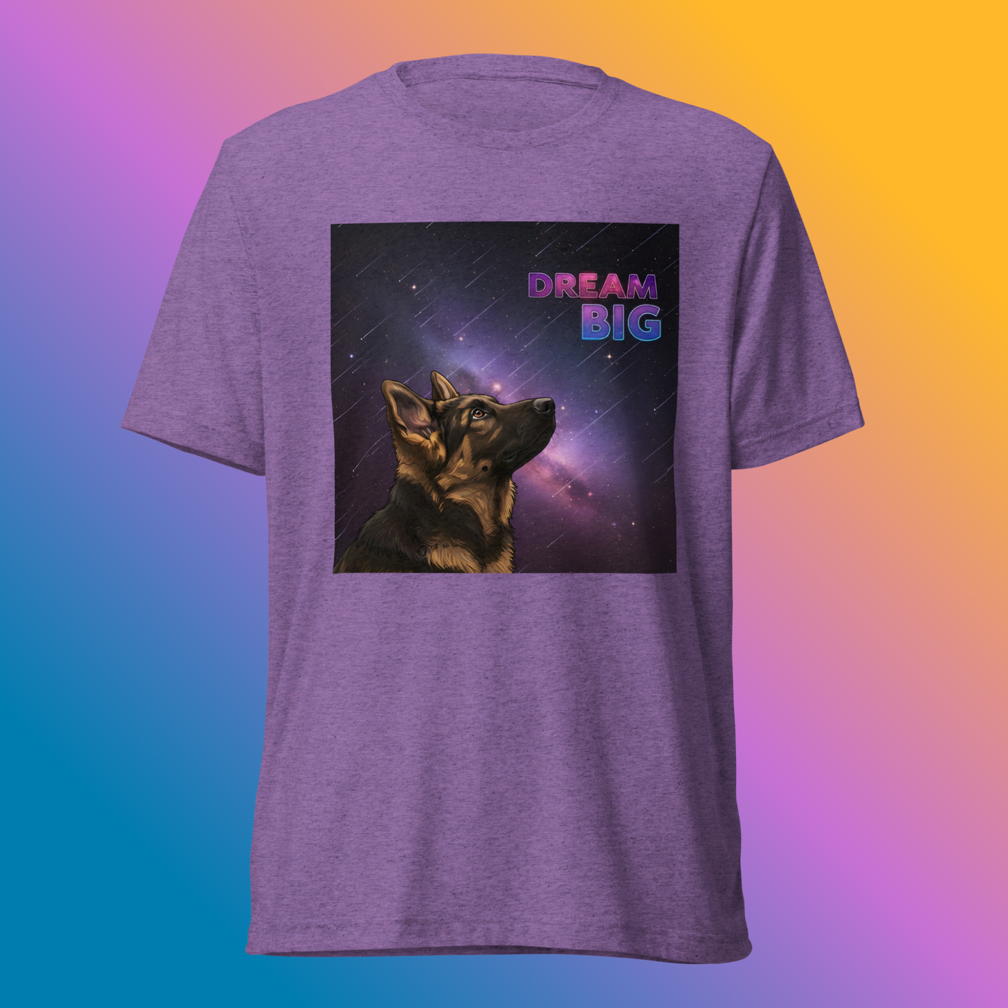 Dream Big Shepherd Unisex T-Shirt product shot — purple tri-blend tee with German Shepherd dog gazing upward into glowing purple cosmic nebula with Dream Big text on bright, colorful gradient background
