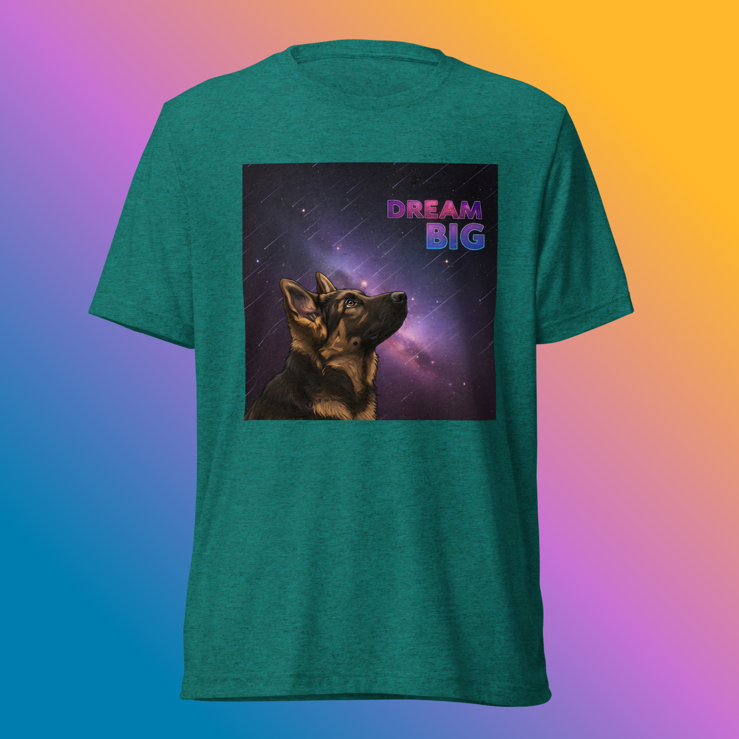 Dream Big Shepherd Unisex T-Shirt product shot — teal tri-blend tee with German Shepherd dog gazing upward into glowing purple cosmic nebula with Dream Big text on bright, colorful gradient background