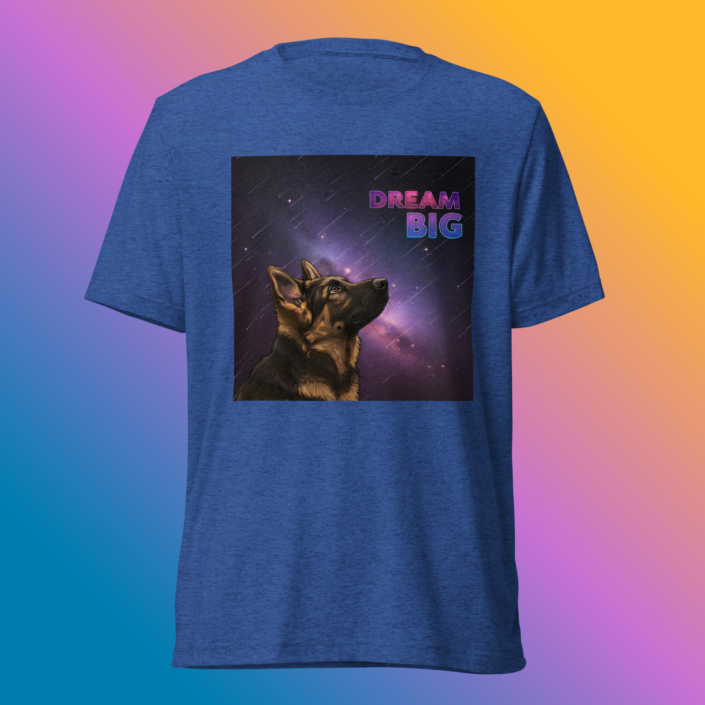 Dream Big Shepherd Unisex T-Shirt product shot — true royal tri-blend tee with German Shepherd dog gazing upward into glowing purple cosmic nebula with Dream Big text on bright, colorful gradient background