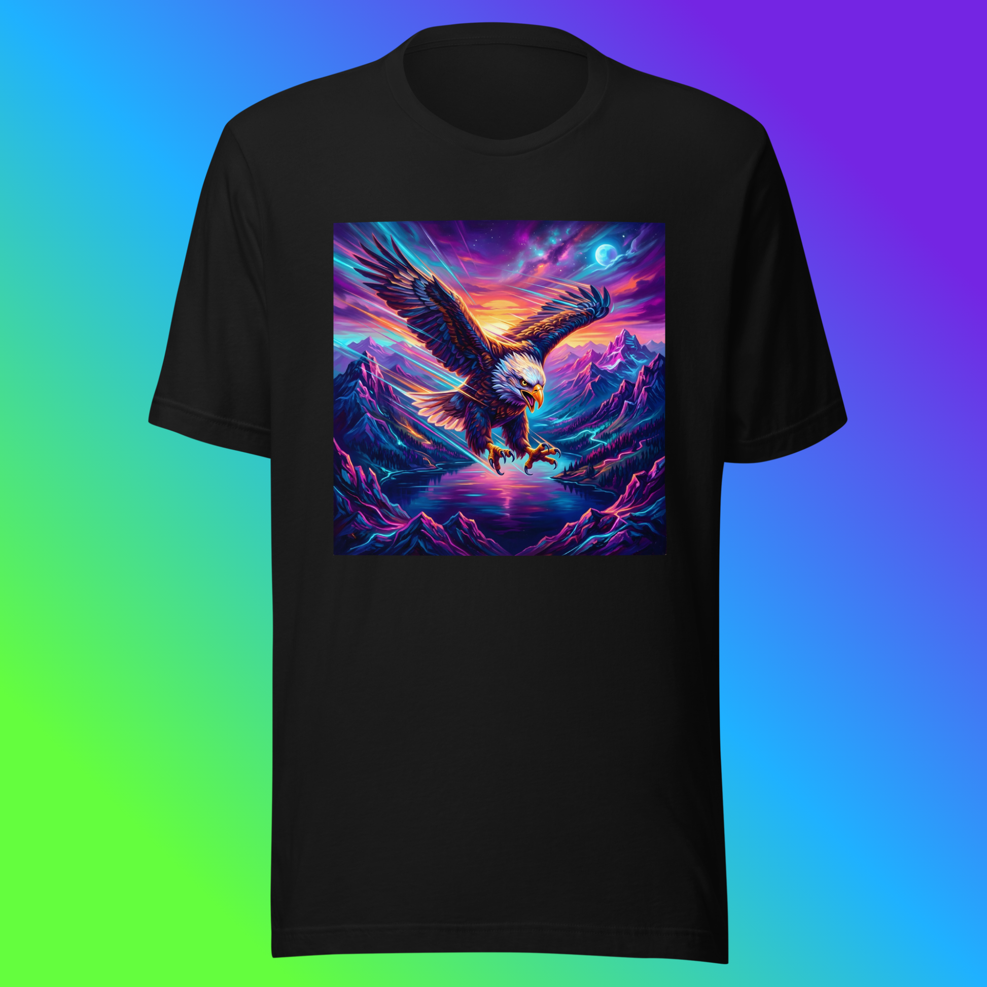 Elegant Eagle Unisex T-Shirt product shot — black tee with bald eagle diving over neon purple mountain range with glowing blue moon and neon orange sunset sky on green, blue, and purple gradient background