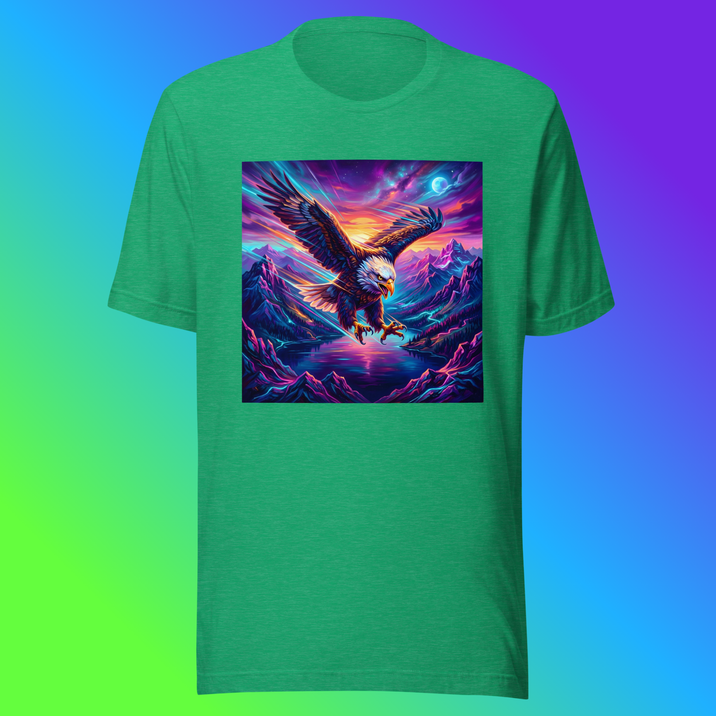 Elegant Eagle Unisex T-Shirt product shot — heather kelly tee with bald eagle diving over neon purple mountain range with glowing blue moon and neon orange sunset sky on green, blue, and purple gradient background